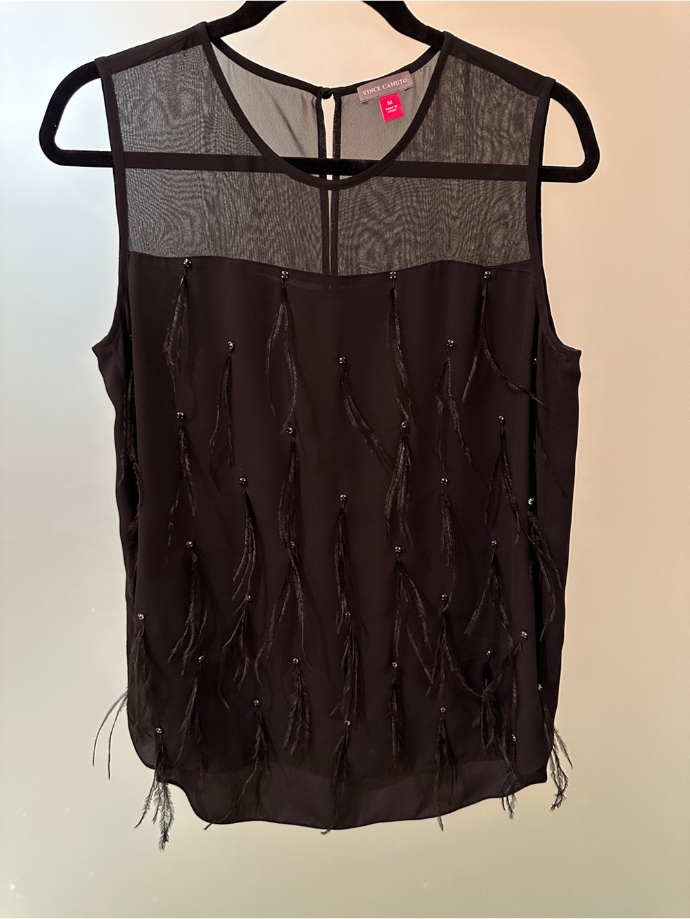 Vince Camuto Black Sheer Yoke Beaded Feather-Trim Tank